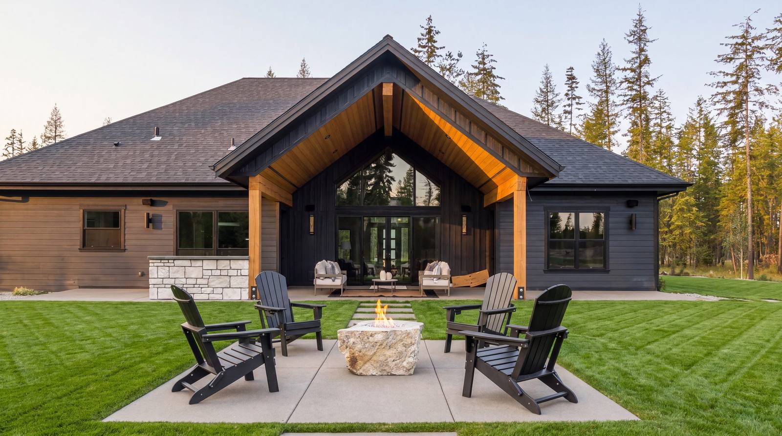 Home and matching shop sharing one material palette across the property