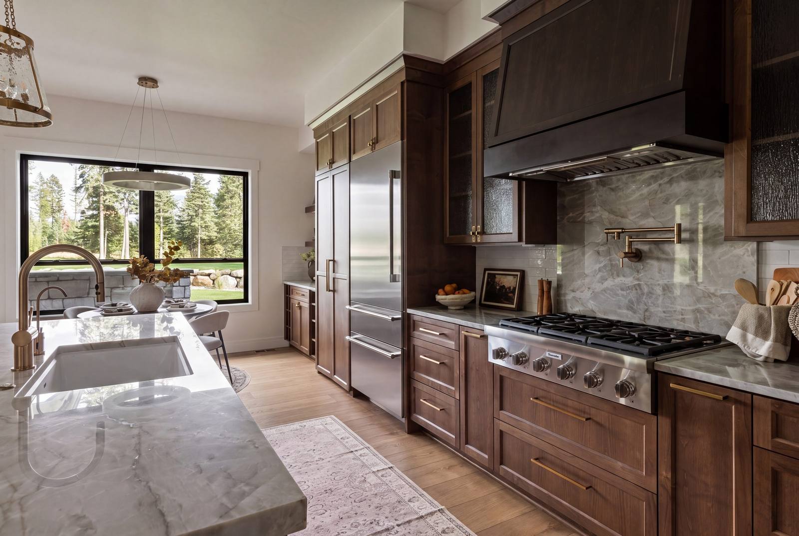 Stained alder cabinetry, quartzite island and full-height stone in a finished Safe Haven kitchen