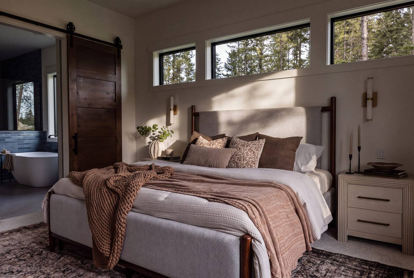 Primary suite with clerestory glazing and a cedar-wrapped ceiling