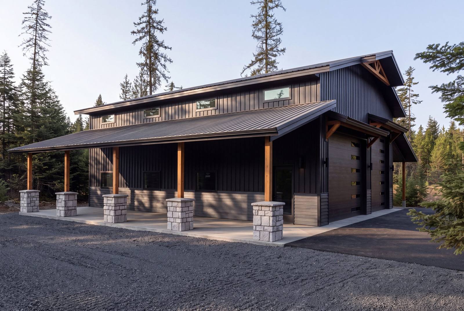 Luxury steel shop finished in board and batten, stone and cedar to match the home