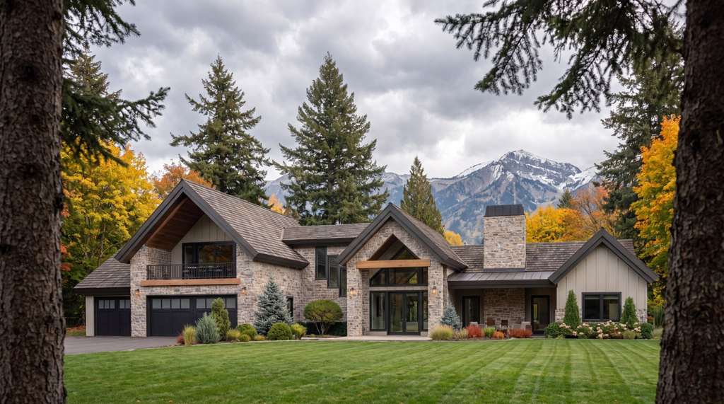 Safe Haven custom home exterior in stone, cedar and board and batten